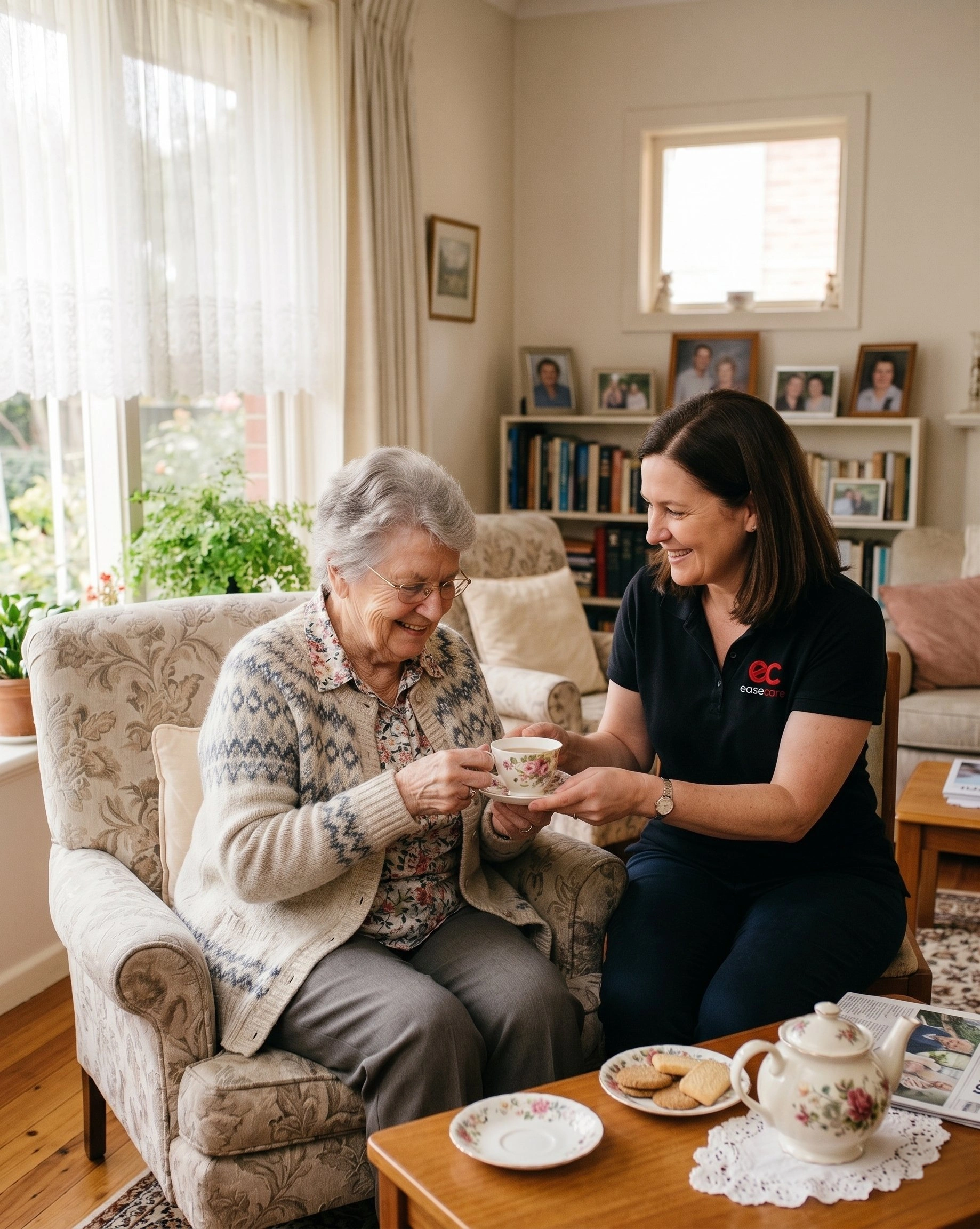 EaseCare support worker sharing tea with an elderly woman at home
